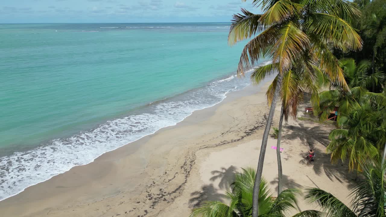 海浪冲击着波多黎各的沙滩(luquillo冲浪海岸海岸线)加勒比海旅游度假沙滩度假(棕榈树，山丘，亭子，空中无人机镜头)美丽的天堂风景视频素材