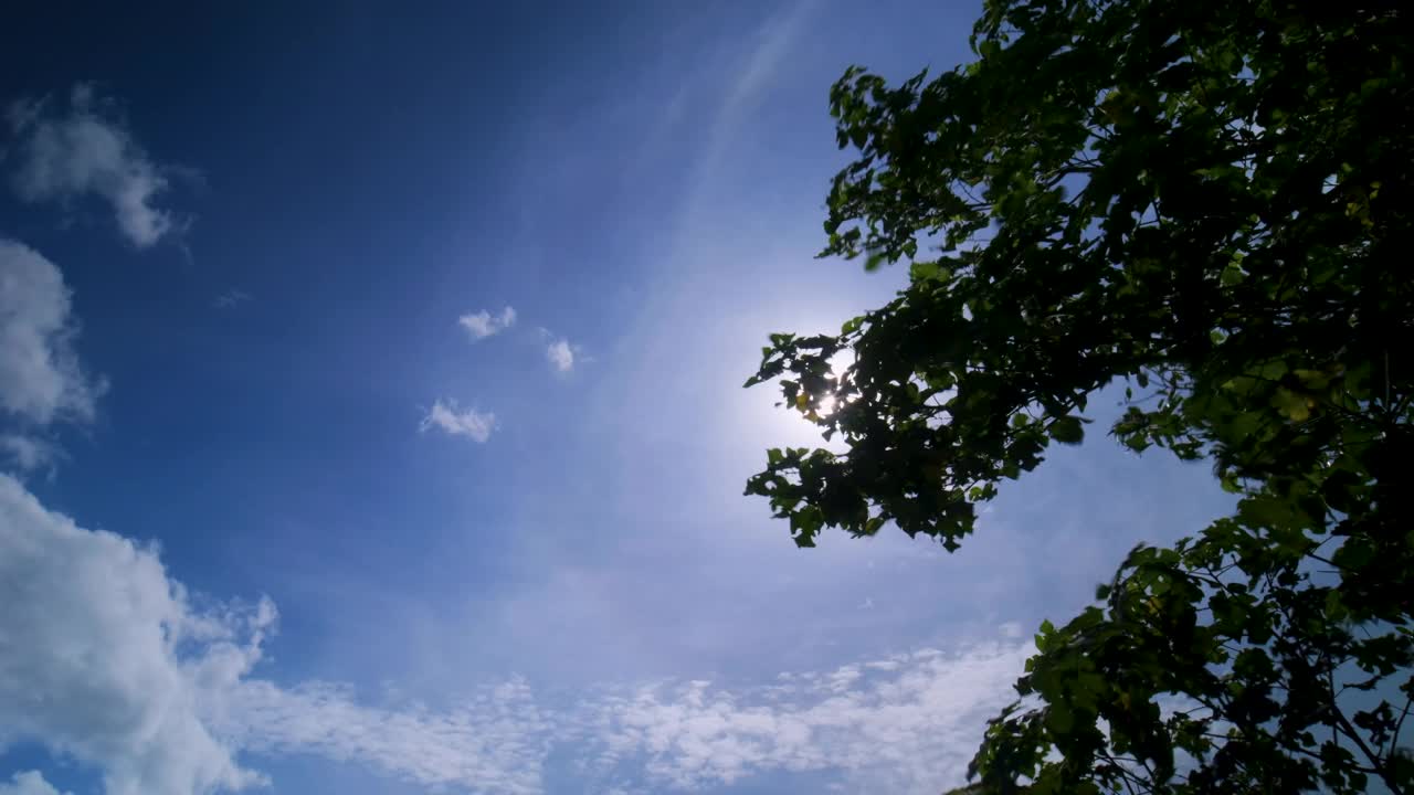 蓝色的天空和移动的云描绘了一个晴朗的日子，阳光明媚视频下载
