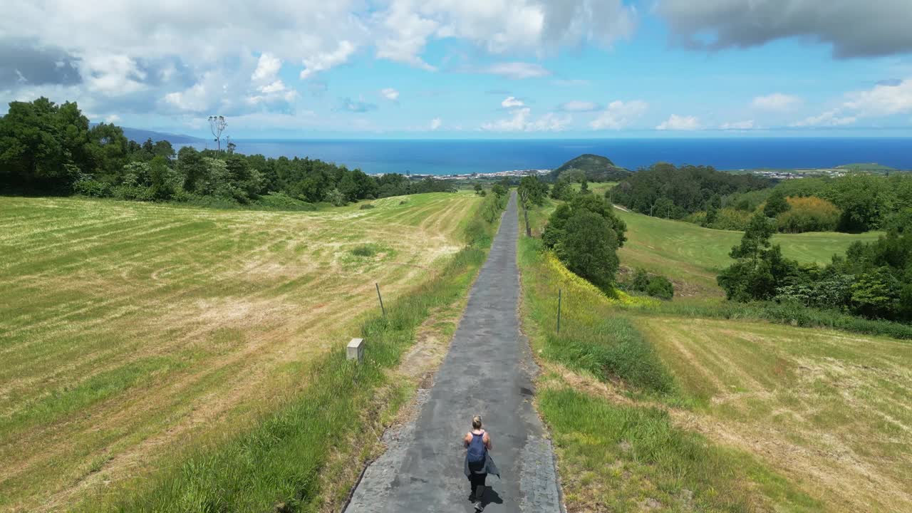 徒步旅行者沿着一条长长的铺砌小路，穿过郁郁葱葱的田野，走向遥远的大海视频素材