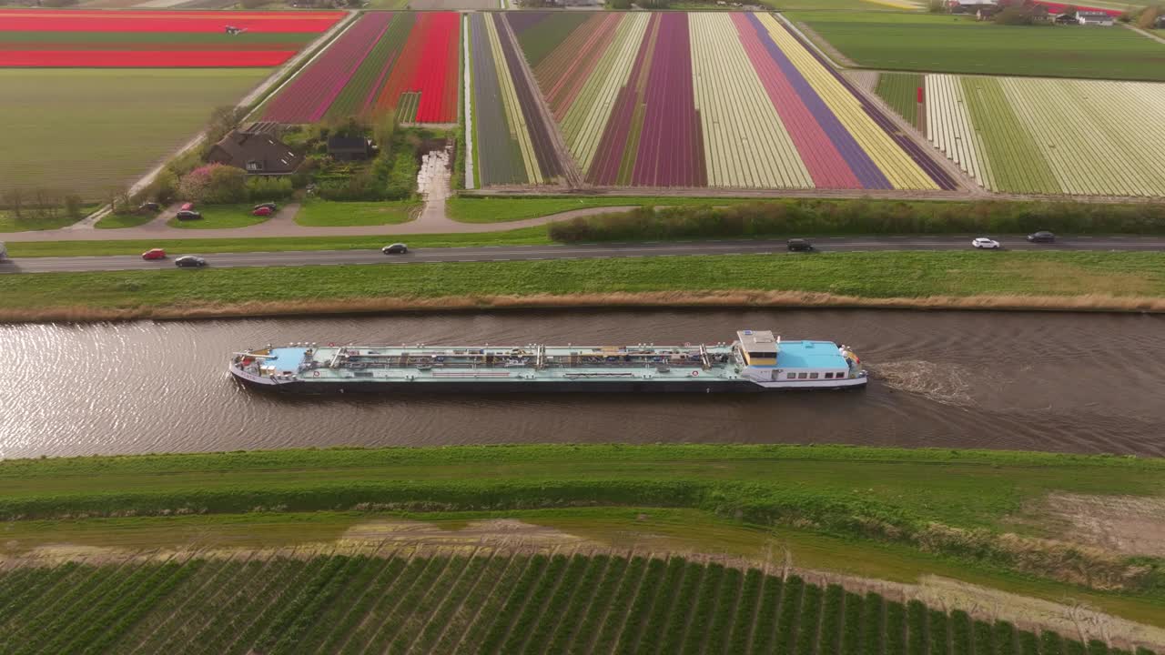 鸟瞰荷兰Noordhollandsch Kanaal沿途五颜六色的郁金香田。视频素材