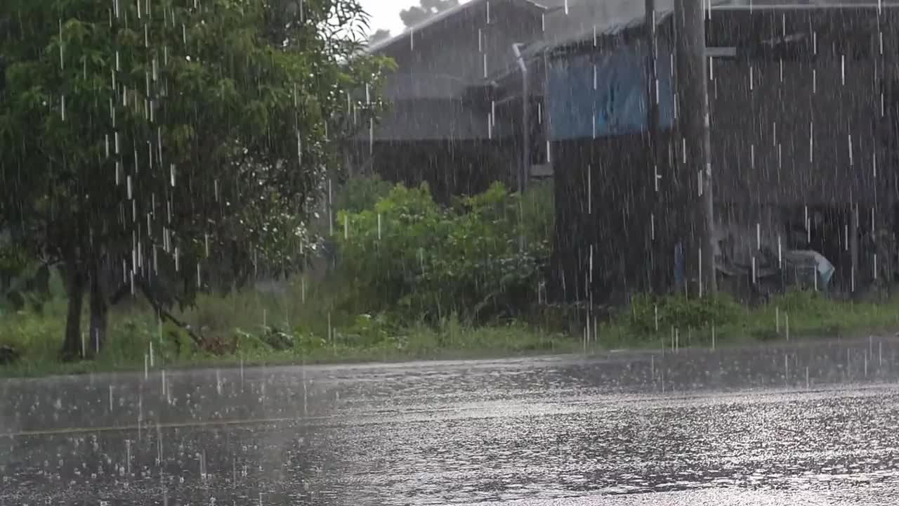 雨夜村庄的沥青路面状况:各种车辆冒着倾盆大雨视频下载