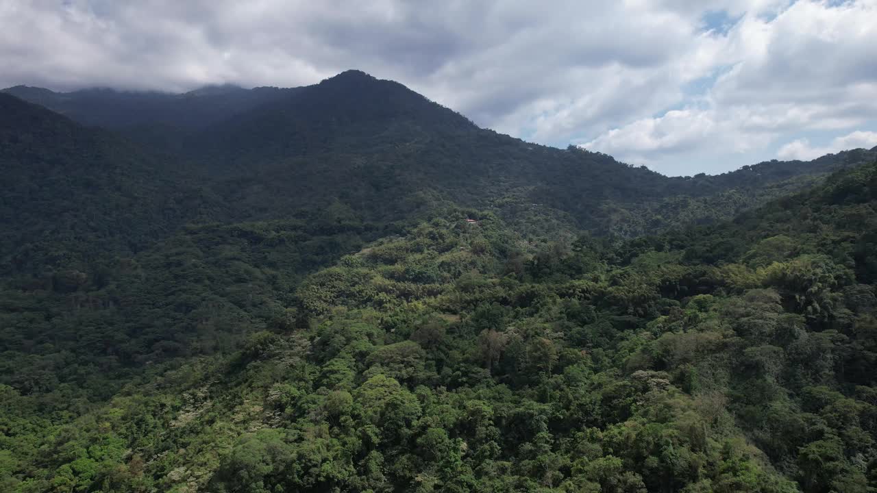 在一个微云的早晨，看到被树木和庄稼包围的青山视频素材