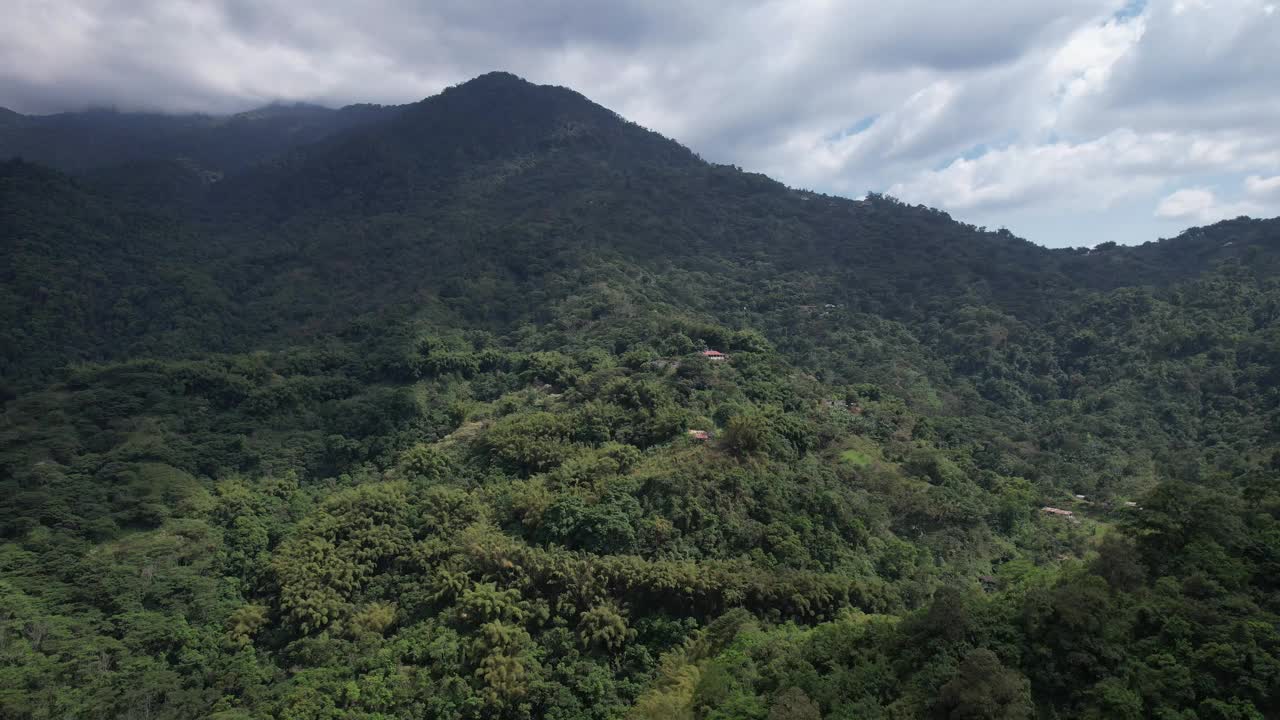 在一个微云的早晨，看到被树木和庄稼包围的青山视频素材