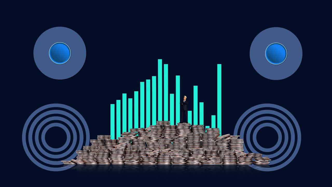 微型商人站在一堆硬币和图表上。视频下载