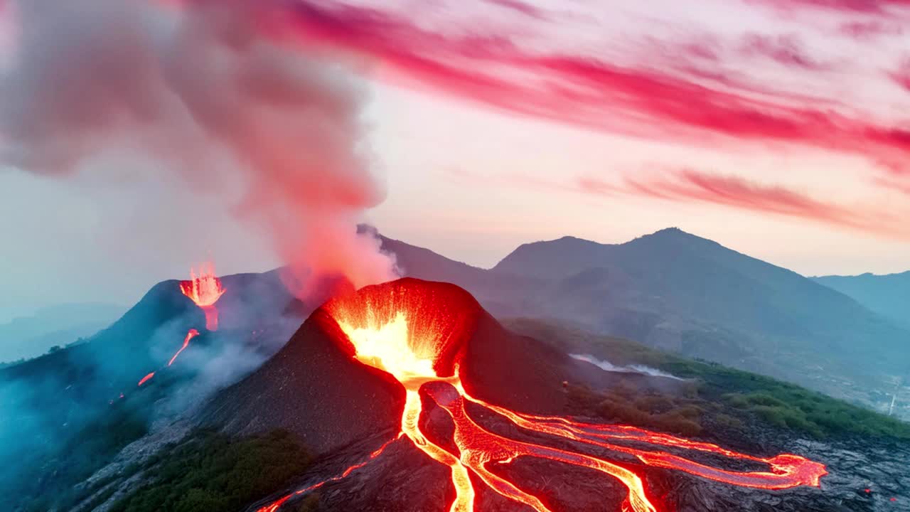 火山在日落时喷发，用火焰描绘天空。视频下载