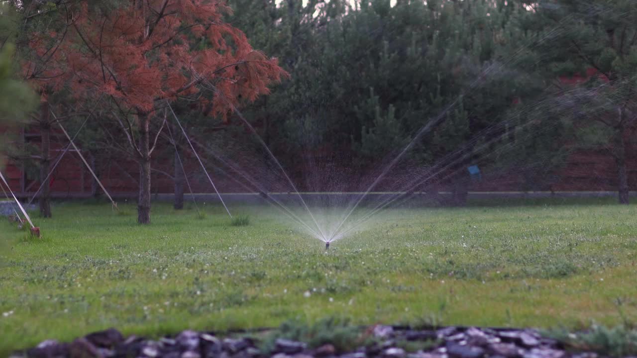 自动草坪浇水系统。洒水器，水溅在绿草地上。视频下载