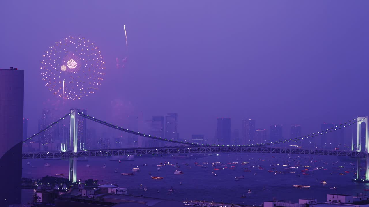 日本关东地区，东京，夜间的WS SLO MO烟花表演视频素材