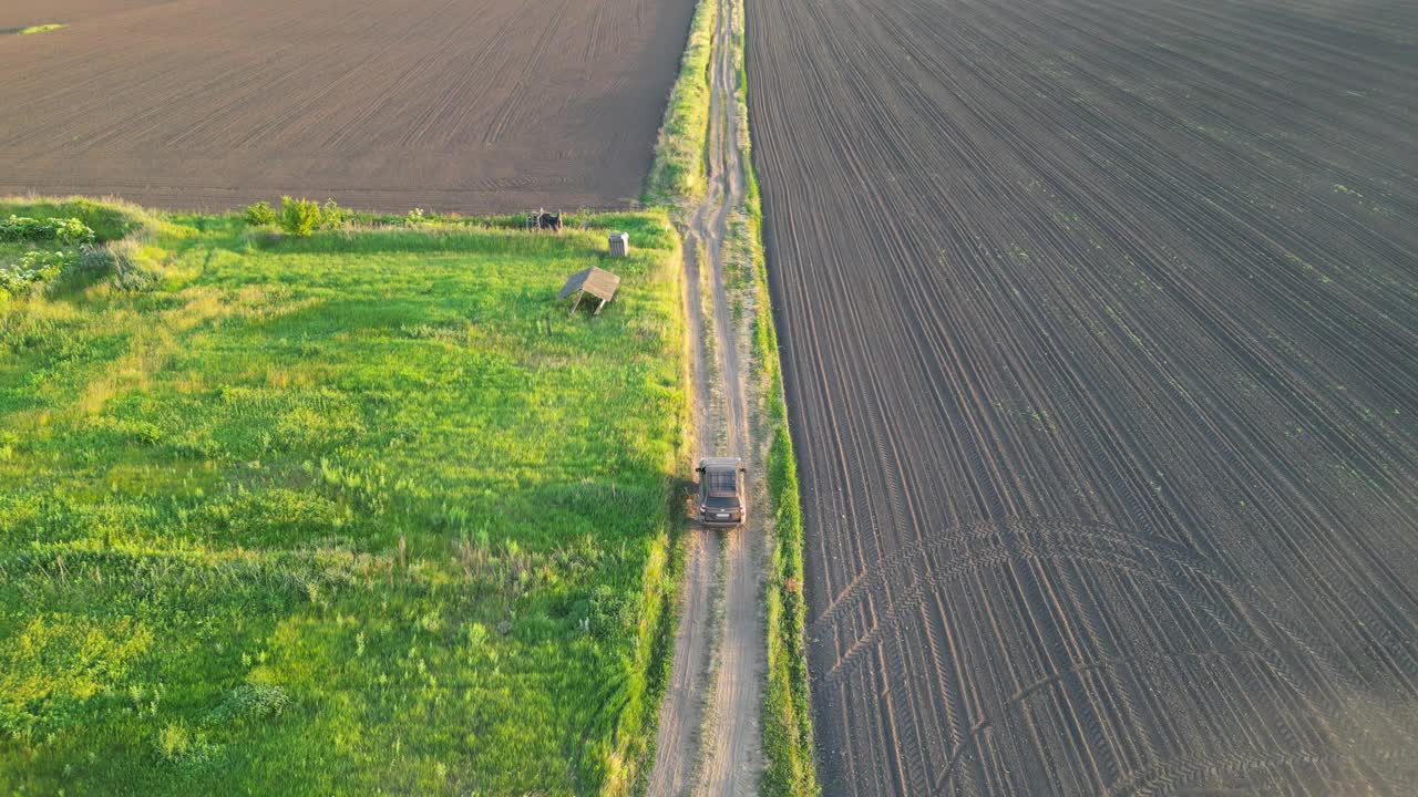 日落时分，一辆卡车行驶在农田里的土路上。卡车行驶在两块田地之间，一块是绿草，另一块是黑土视频素材