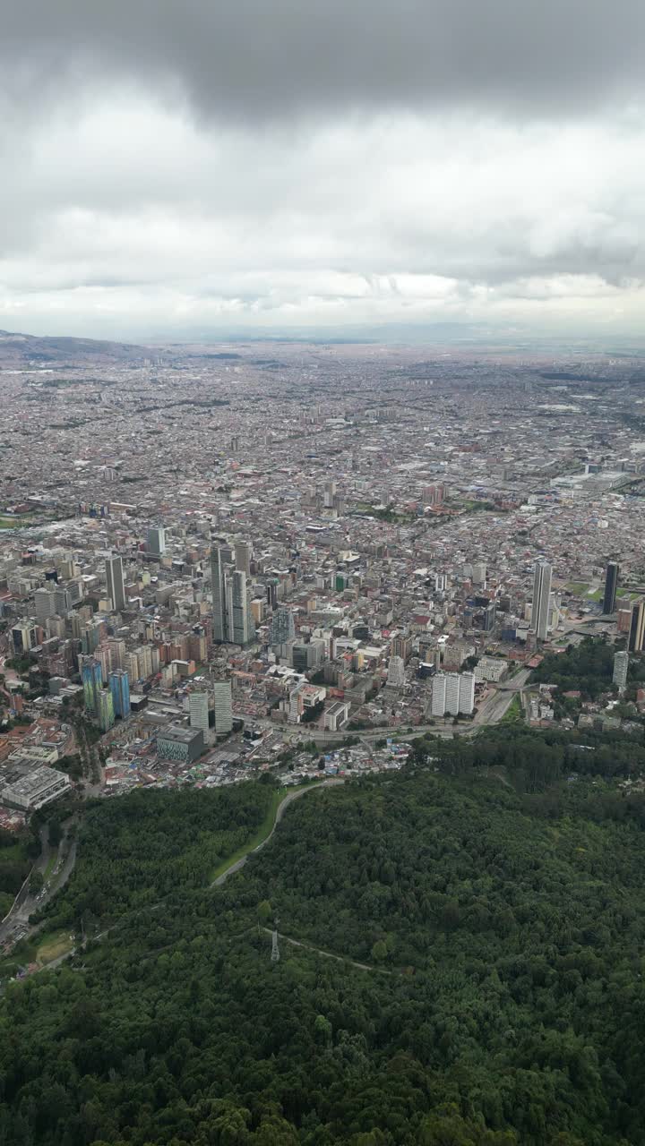 鸟瞰图:哥伦比亚首都波哥大的蒙塞拉特教堂，背景是波哥大市中心视频素材