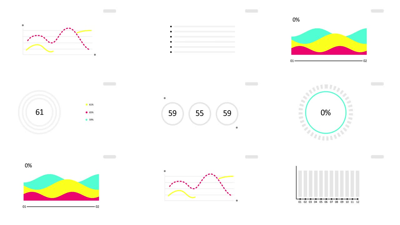 动画信息图表集。动画七个不同的图表和图形在明亮的颜色隔离在白色背景。高品质的4k运动设计。视频素材