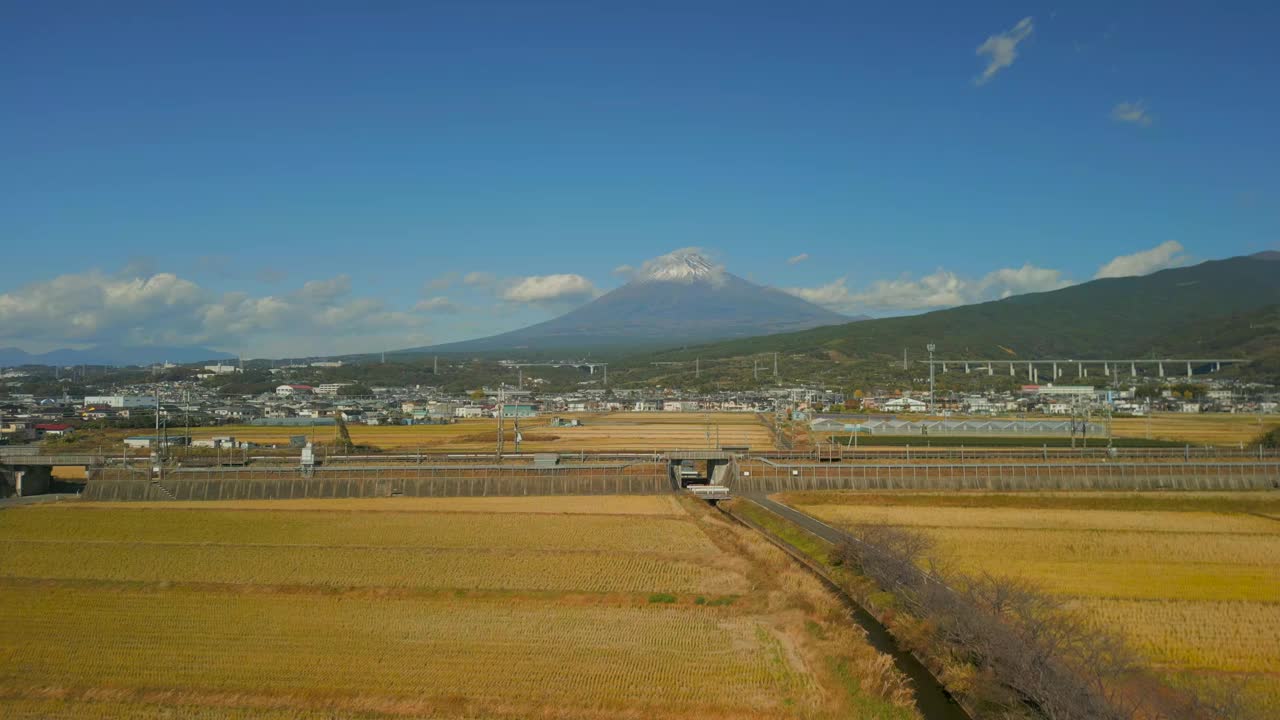 在日本静冈县，无人机与新干线子弹头列车一起飞过稻田视频素材