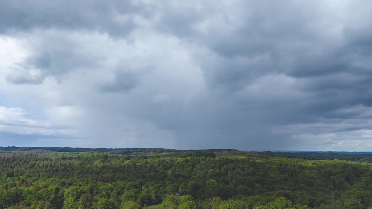 无人机拍摄的多云的天空在茂密的绿树田野上的一天视频下载