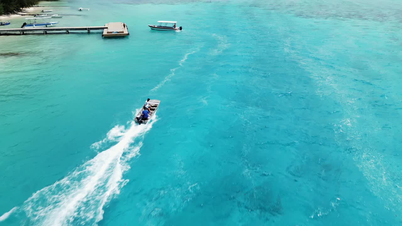 一艘木制快艇在法属波利尼西亚莫雷亚岛海岸巡航的无人机镜头视频下载