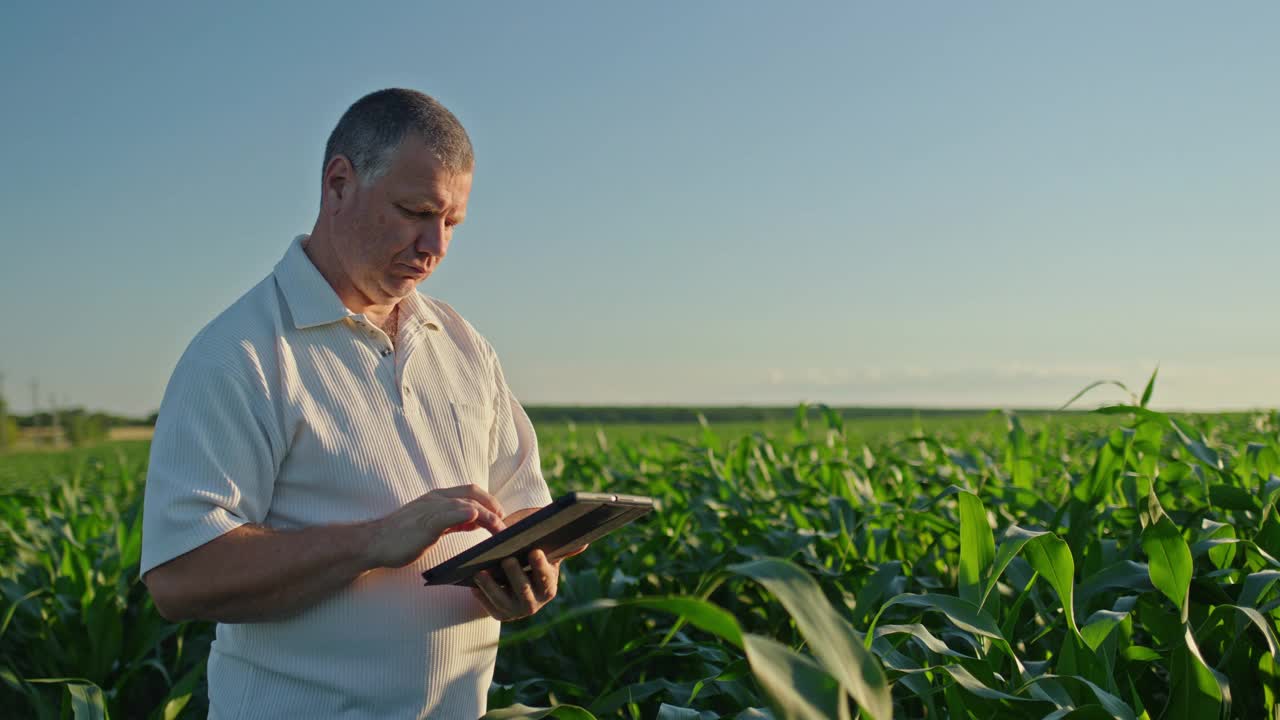 站在玉米地里，一位沉思的农民正在检查平板电脑上的数据视频下载