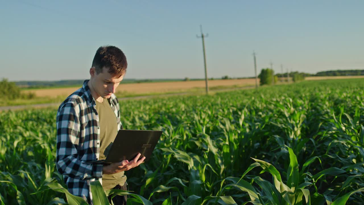 年轻的农民在风景如画的田野里工作，使用笔记本电脑视频下载