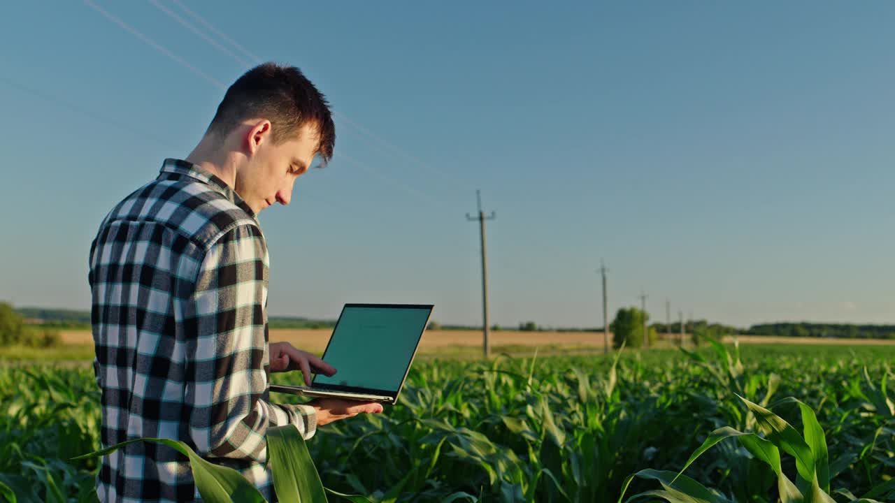 年轻的农民在风景如画的田野里工作，使用笔记本电脑视频下载