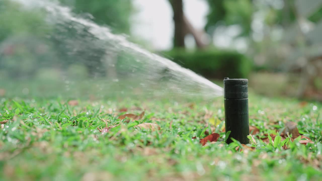 洒水器在后院周围喷水视频素材