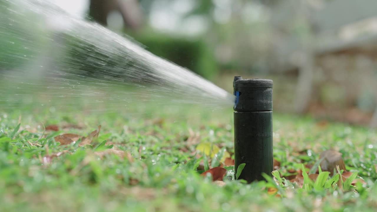 洒水器在后院周围喷水视频素材