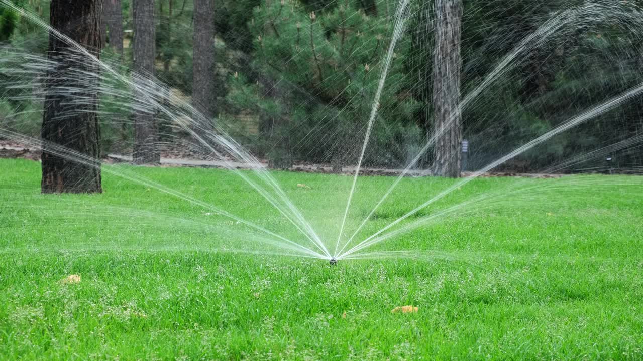 草坪洒水。草地灌溉视频下载