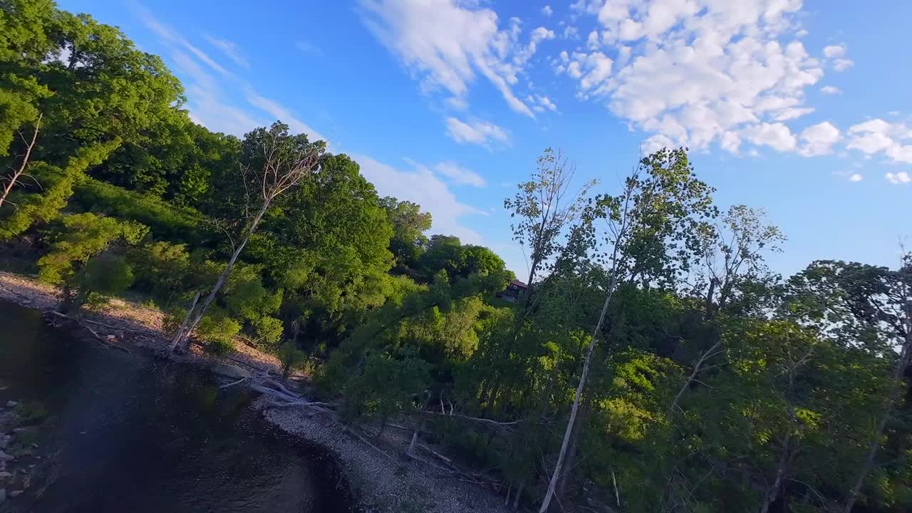 快速和优美的风景无人机飞行穿过树木繁茂的公园视频下载