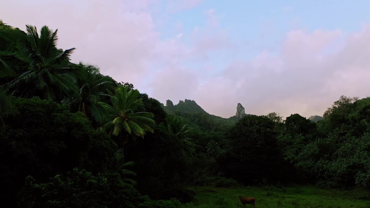 从黑暗的山谷慢慢上升，看到远处的山峰。视频下载