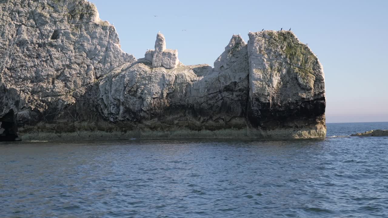 在湛蓝的天空下，周围是平静的海水，岩石海堆上栖息着海鸟。视频素材