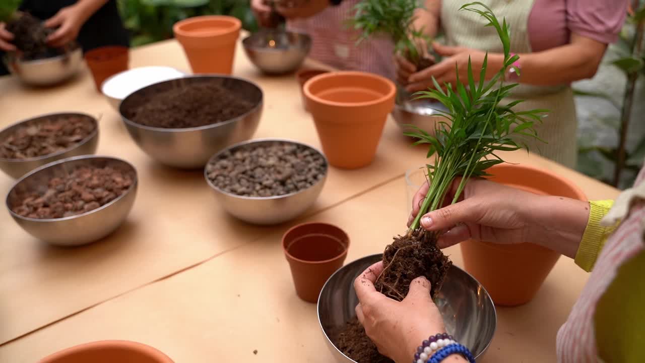 一名妇女站在桌子旁，从土壤中清理一棵槟榔的根部。视频素材