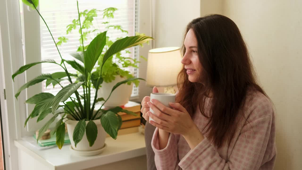 一个阳光明媚的早晨，一个迷人的黑发女人在厨房里手捧着杯子，喝了一口咖啡，眼睛直视窗外视频下载