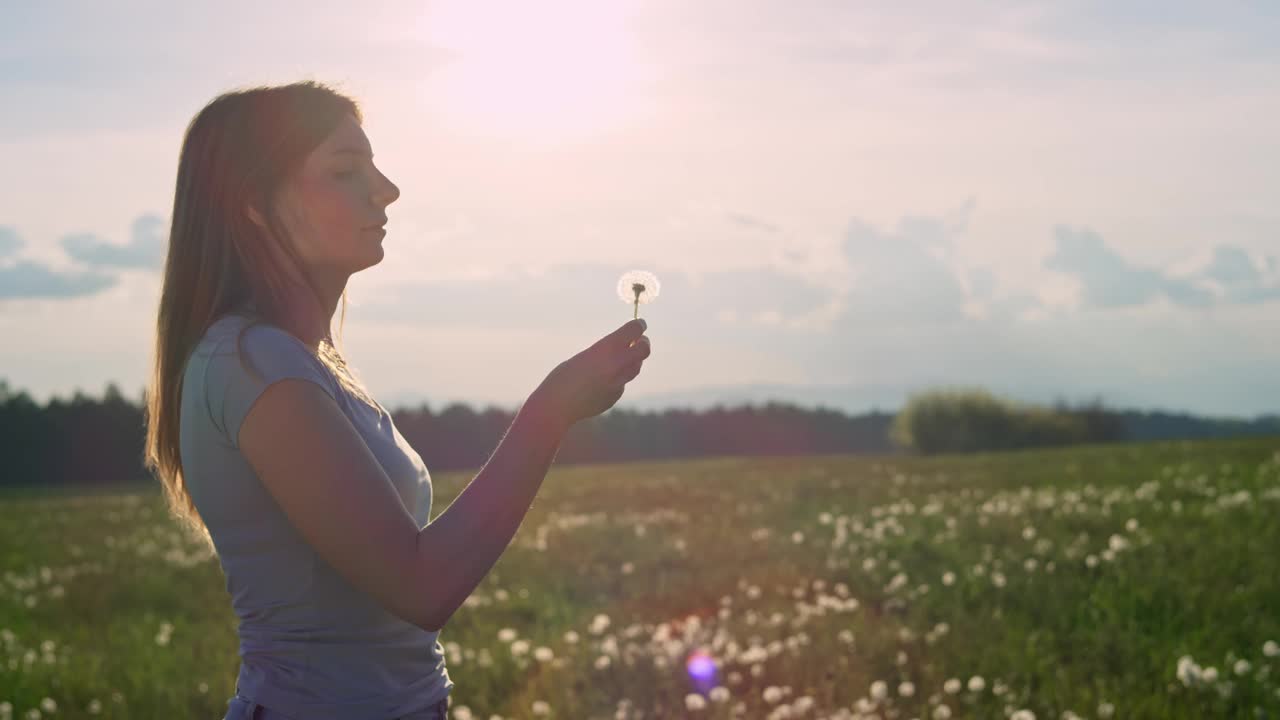 女人在草地上吹蒲公英，背景是夏日的阳光，侧视图视频下载