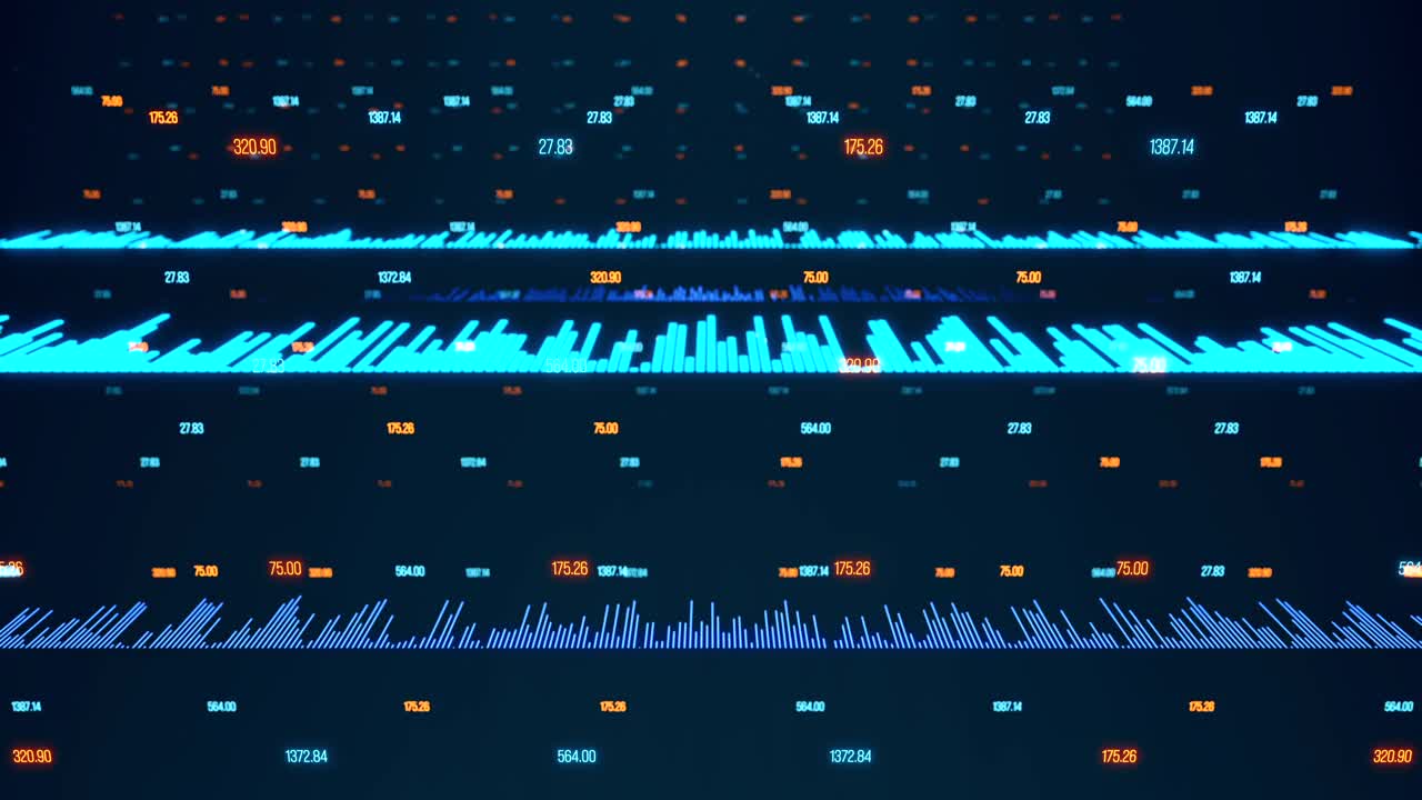 蓝色条形图，橙色和蓝色发光的数字，财务数据。视频素材