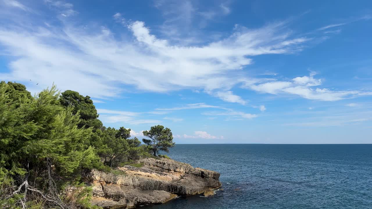 大海和海岸的岩石在夏天长满了松树视频素材