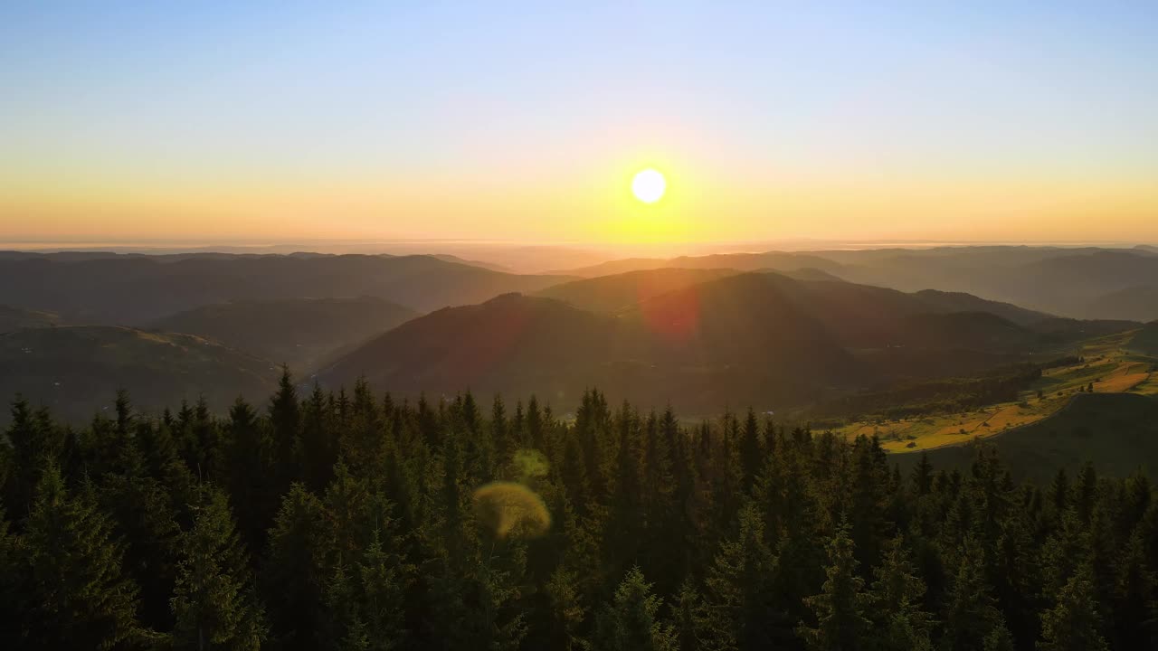 山野中五彩斑斓的夕阳。黑暗的松林被明亮的夕阳照亮。美丽的自然景观视频素材