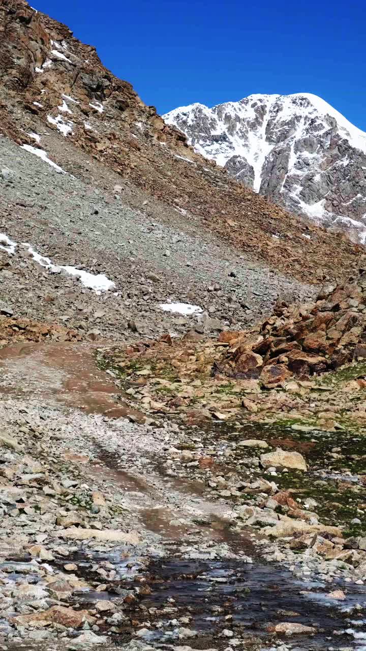 夏天明亮的阳光下，白雪皑皑的山峰视频素材