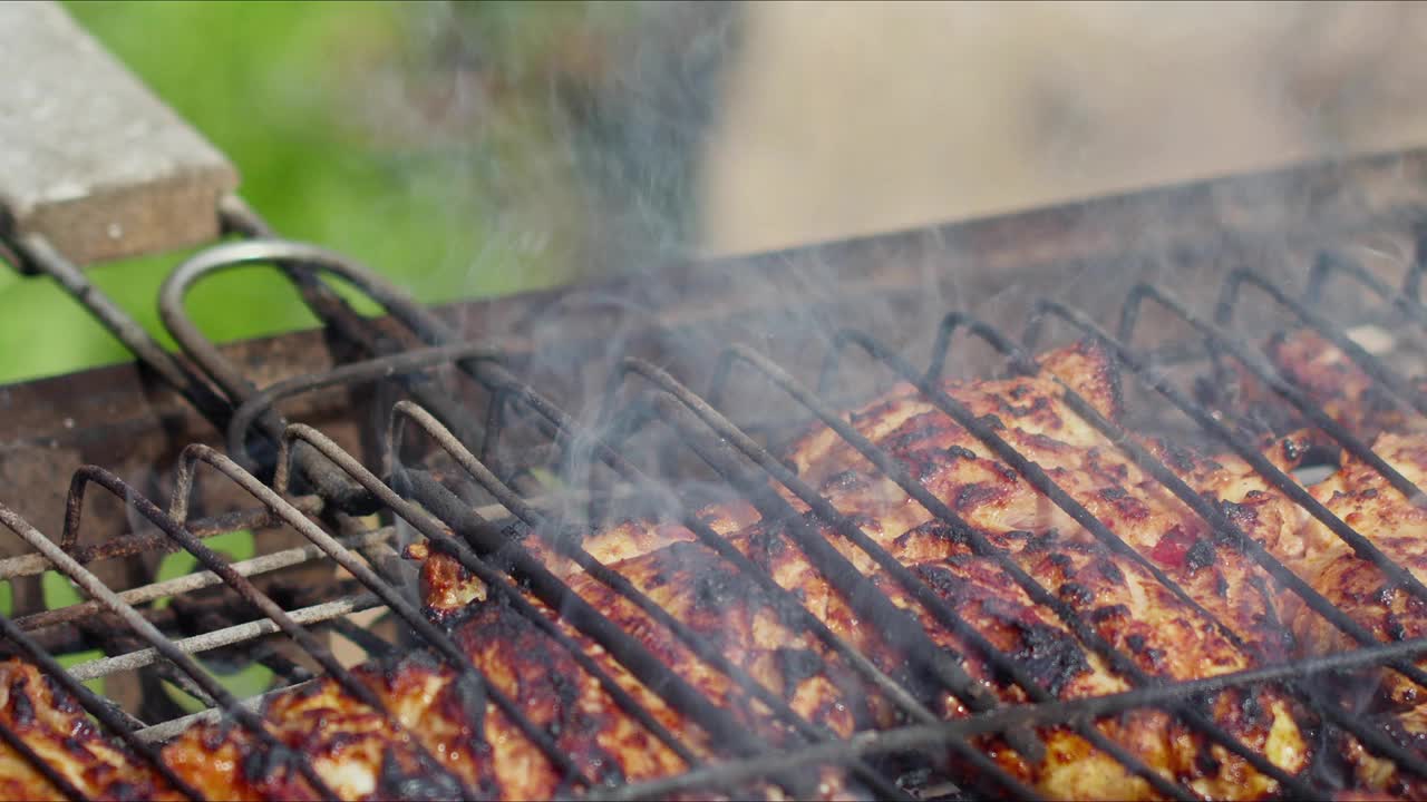 烧烤火上的食物鸡视频素材