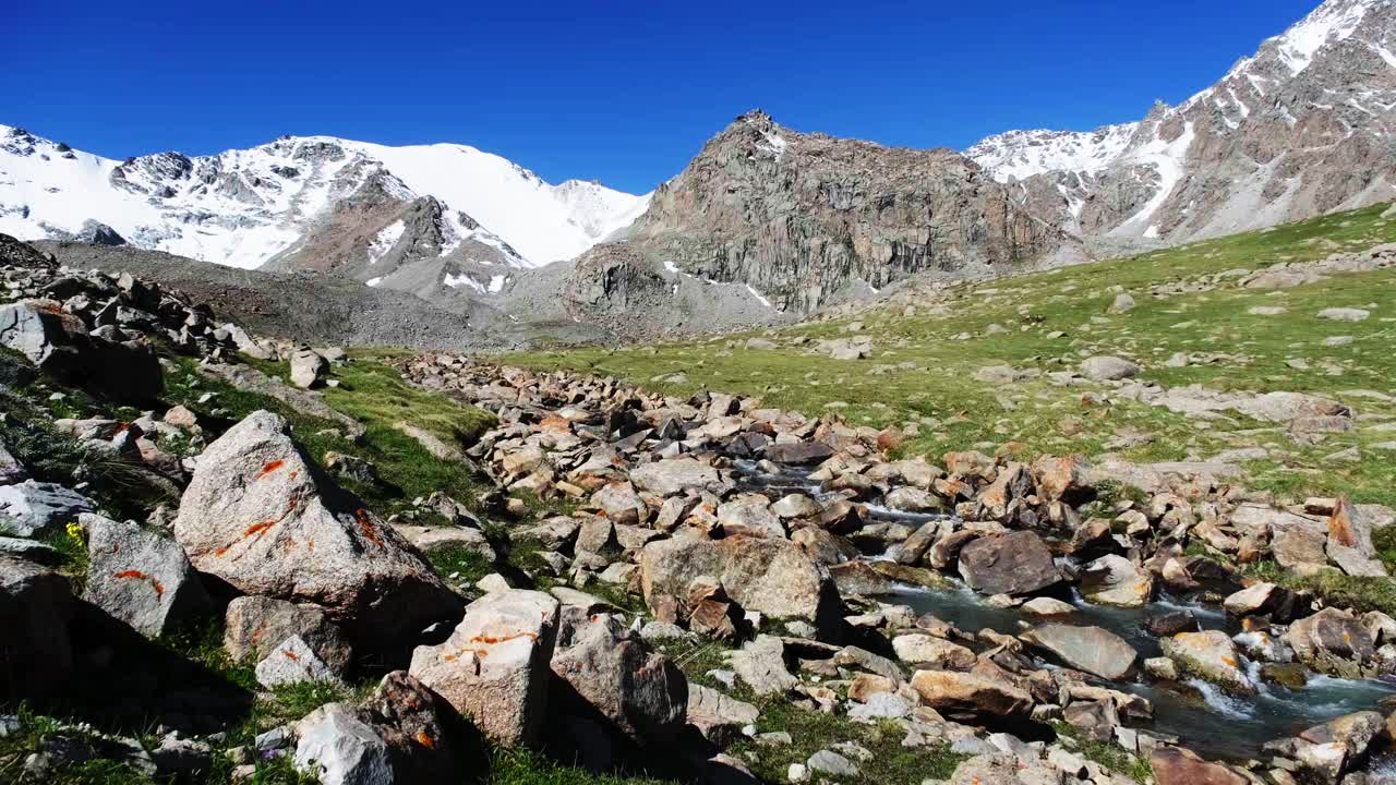 在白雪皑皑的群山下，绿莹莹的山谷里布满了石头视频素材