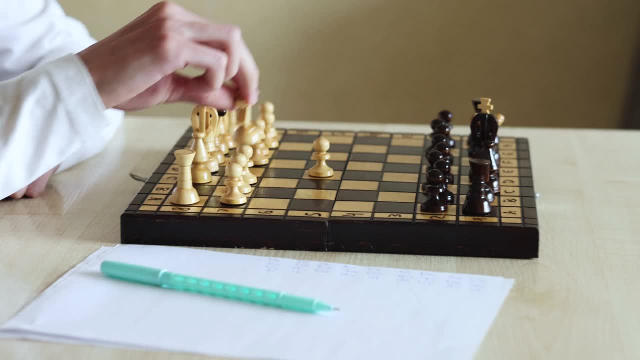 一个人在棋盘上下棋，移动棋子的特写镜头视频素材