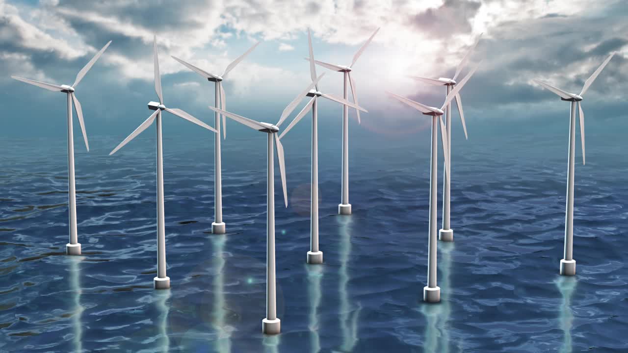 海上风力涡轮机与天空和云视频下载