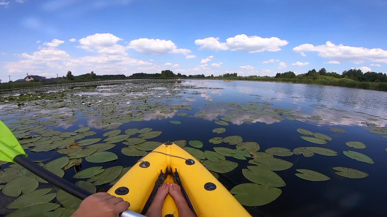 在阳光明媚的夏日里，沿着河流划独木舟，穿过生长的白色百合。风平浪静的日子里，人在河上乘船漂流，水面反射着白云。旅游业。积极的生活方式。观点视频素材