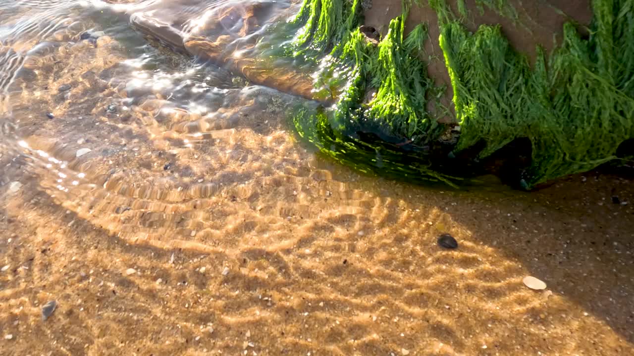 海浪冲刷着长满青苔的岩石视频素材