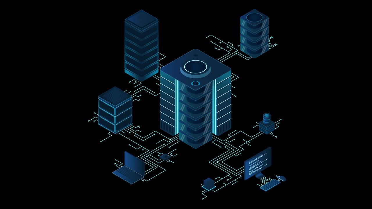 等距人工智能技术动画。等距云计算概念。人工智能神经网络未来技术。透明背景与alpha通道视频素材