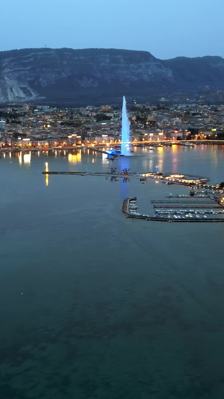 夜景，无人机俯瞰瑞士日内瓦喷泉。垂直视频素材