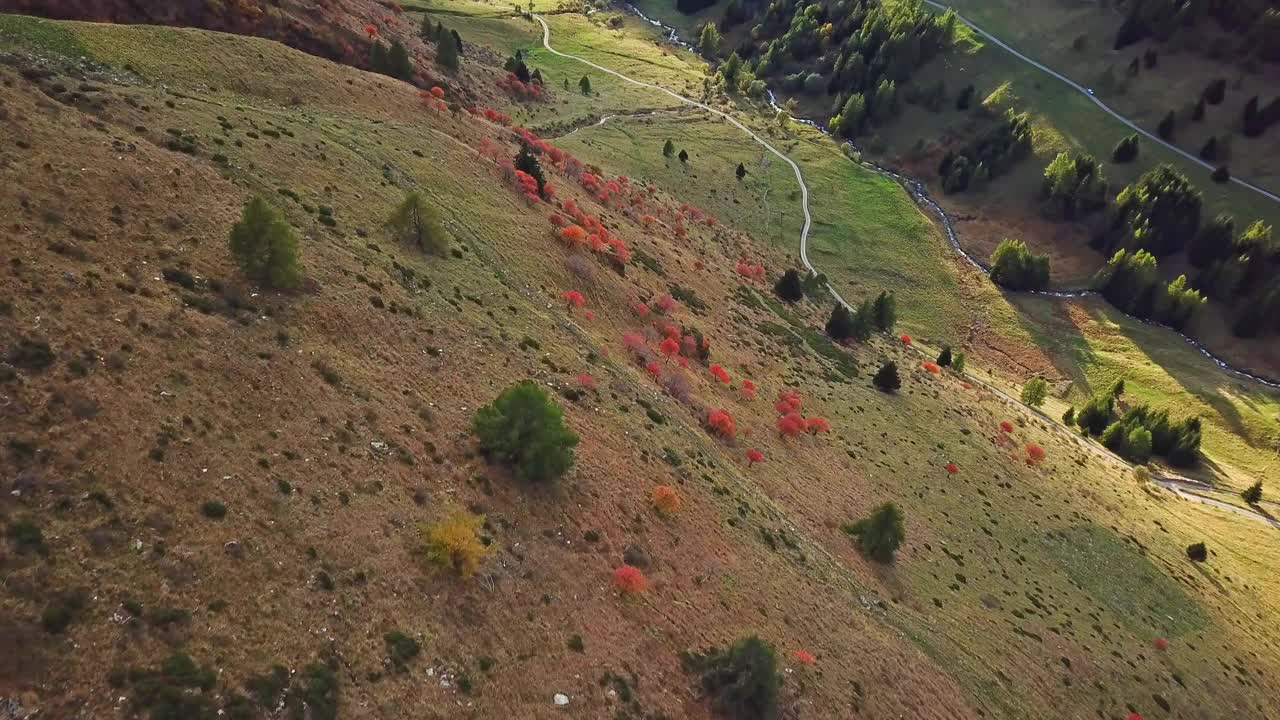 空中无人机拍摄的风景如画的山景，温暖的秋色。远处美丽山谷的景色。视频素材