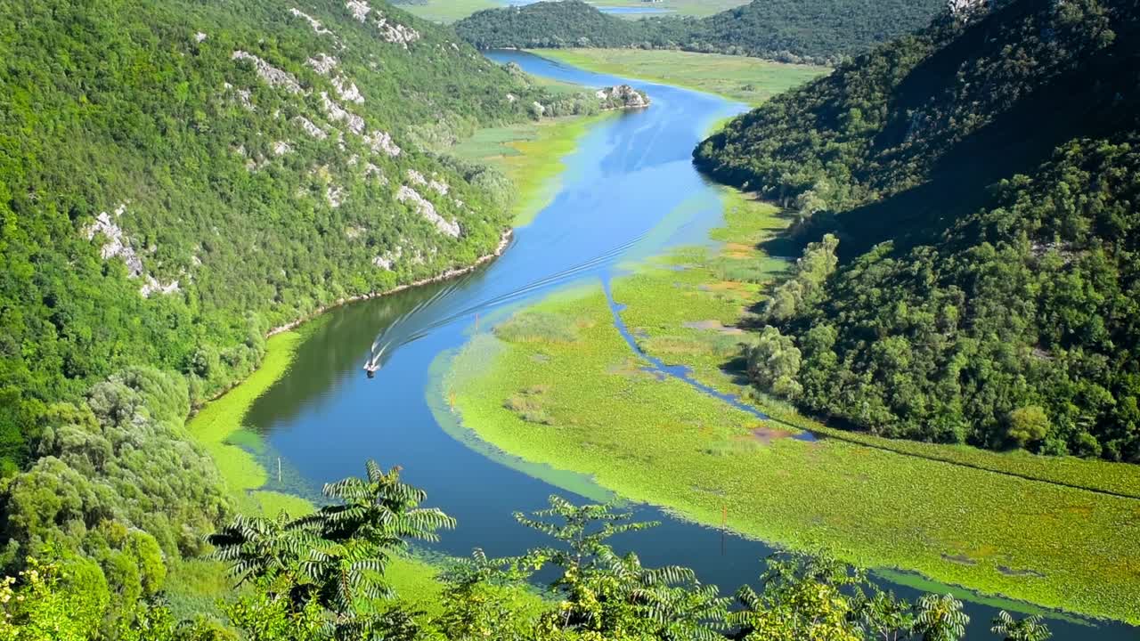 快艇在绿油油的山间穿梭视频下载