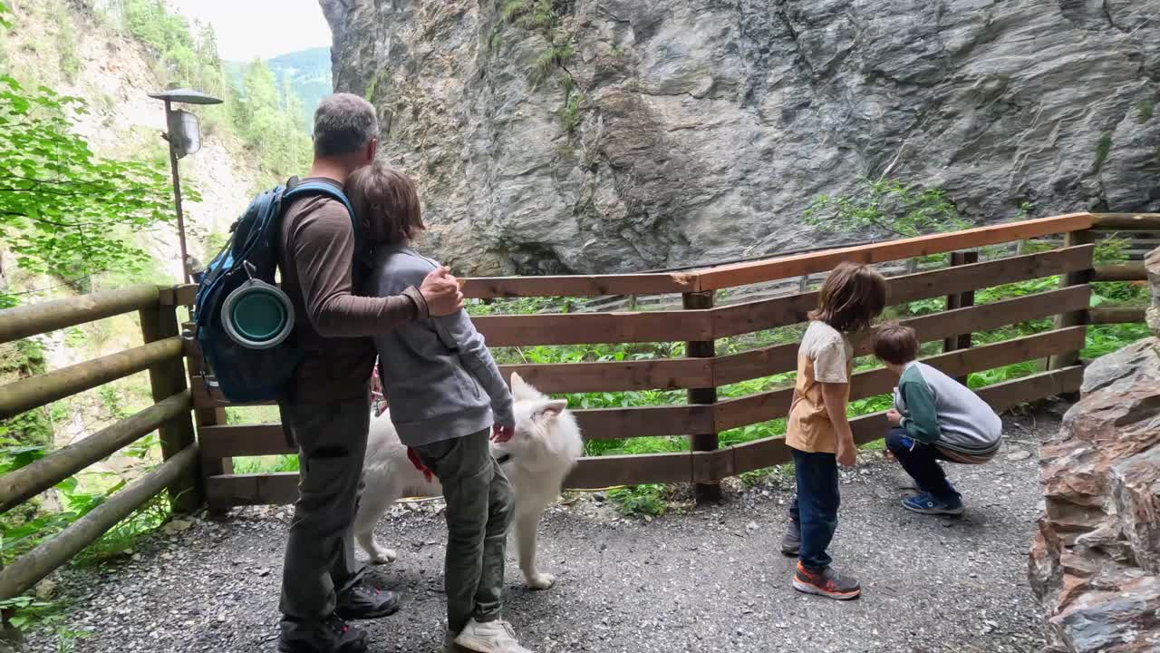 全家带狗在峡谷徒步旅行视频素材