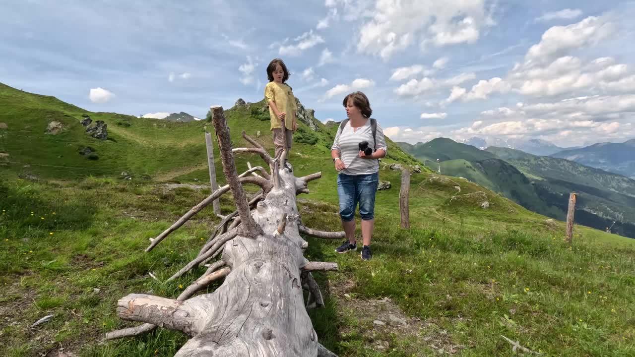 在一个阳光明媚的夏日和孩子们一起爬山视频素材