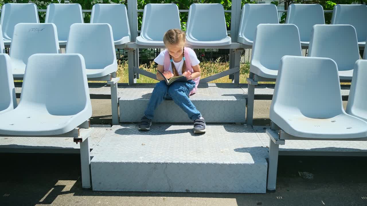 女学生，小学生，小学生，小女孩放学后坐在操场外面的街道上拿着书和笔记本视频素材