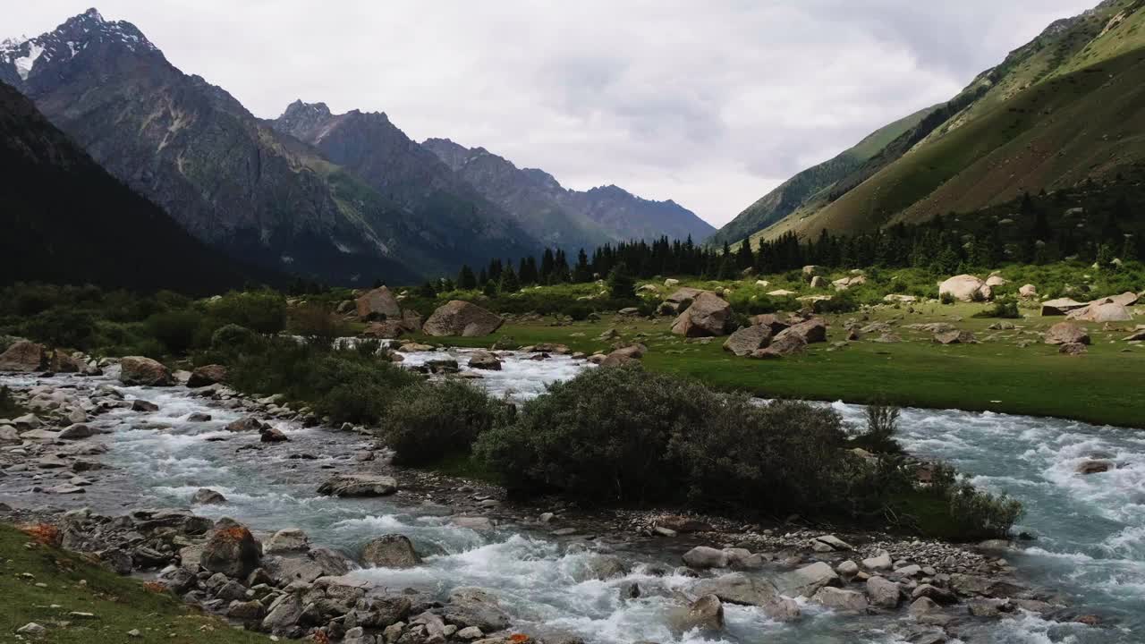 山间溪流沿着风景如画的绿色山谷流淌视频素材