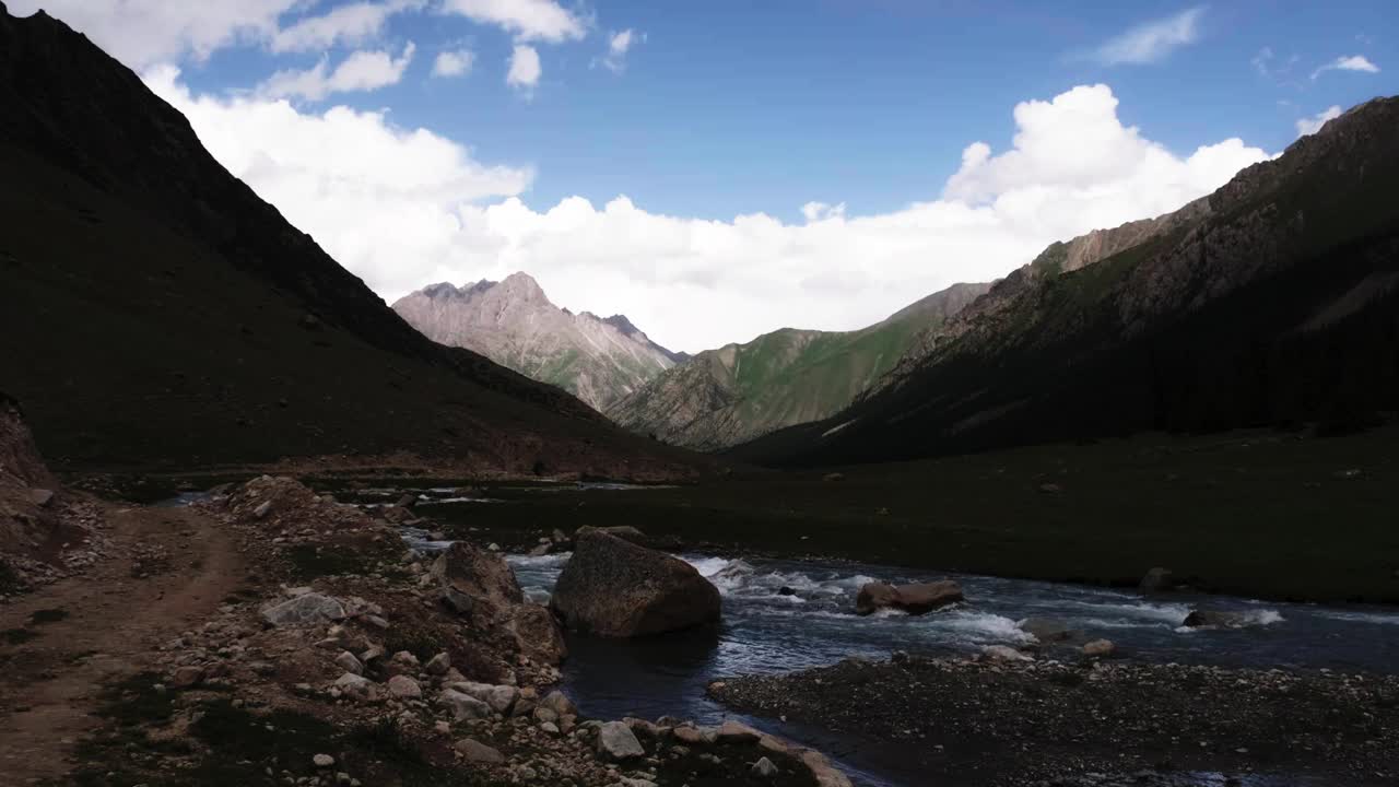 阳光普照的夏日峡谷中的山涧溪流视频素材