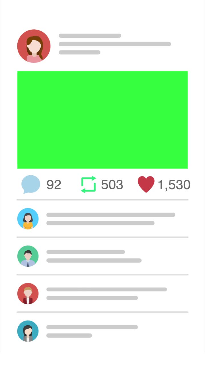 空白的绿屏社交媒体帖子，空白的评论部分用于定制，评论，分享和喜欢的数量越来越多，社交媒体和技术概念视频下载