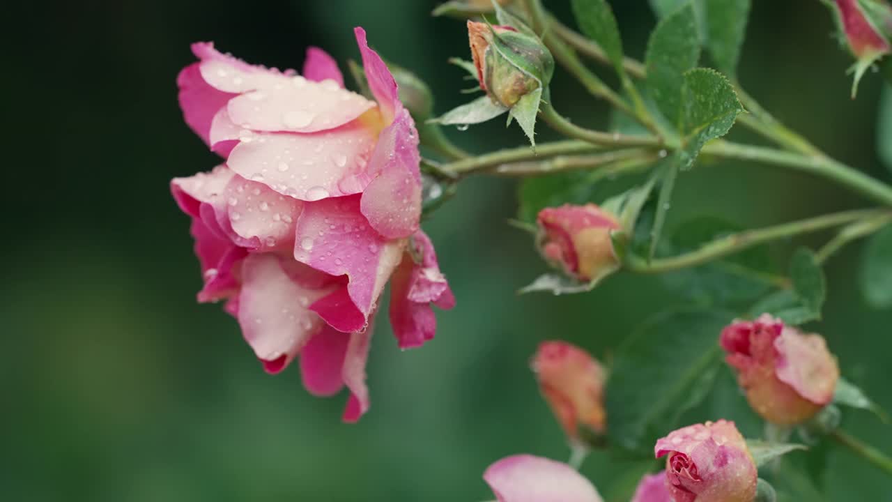 美丽的玫瑰丛在家庭花园。倾盆大雨为花朵和大自然提供土壤视频素材